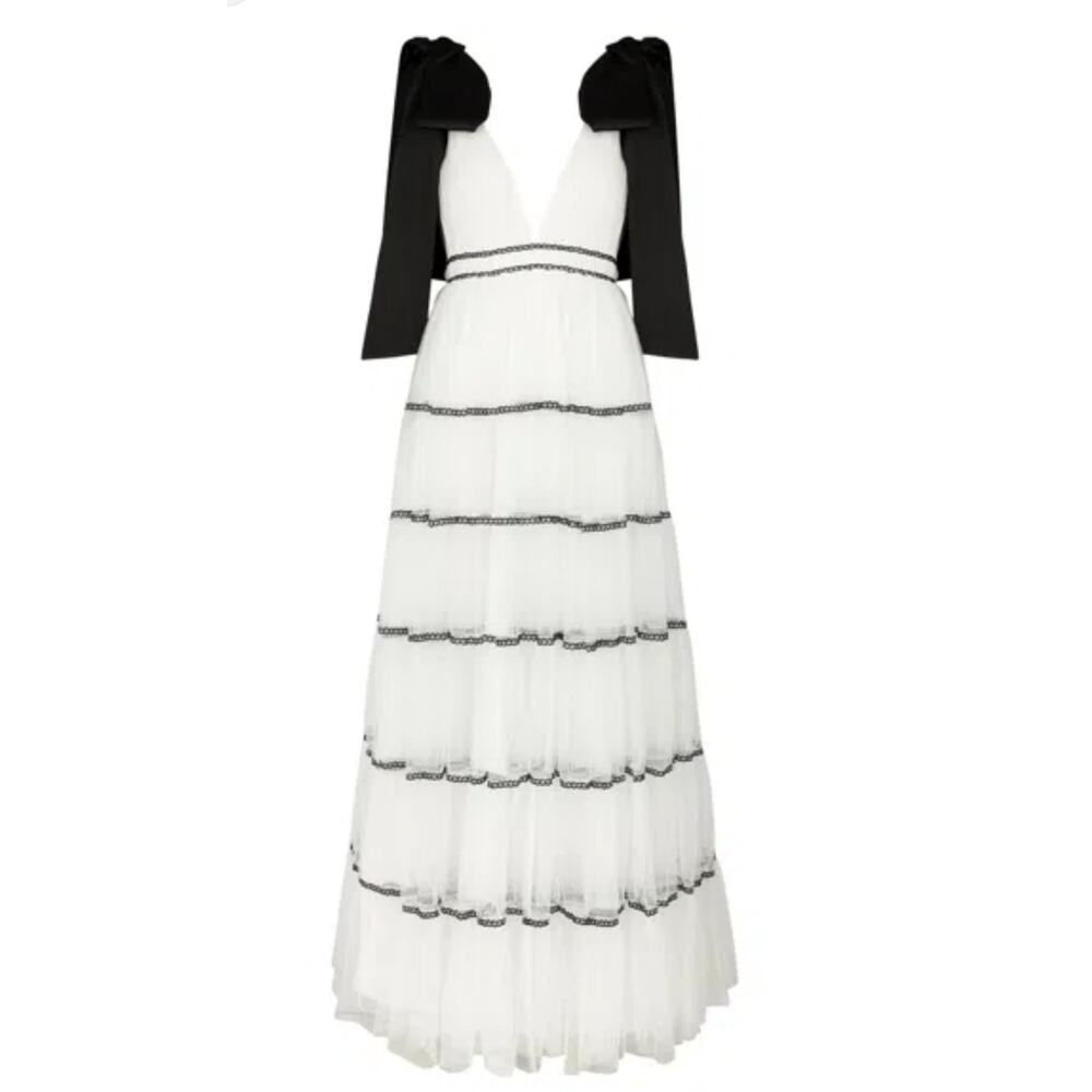 NWT $1000 ALICE AND OLIVIAJessalynn Bow Strap Tiered Maxi Gown White Sz 2 XS